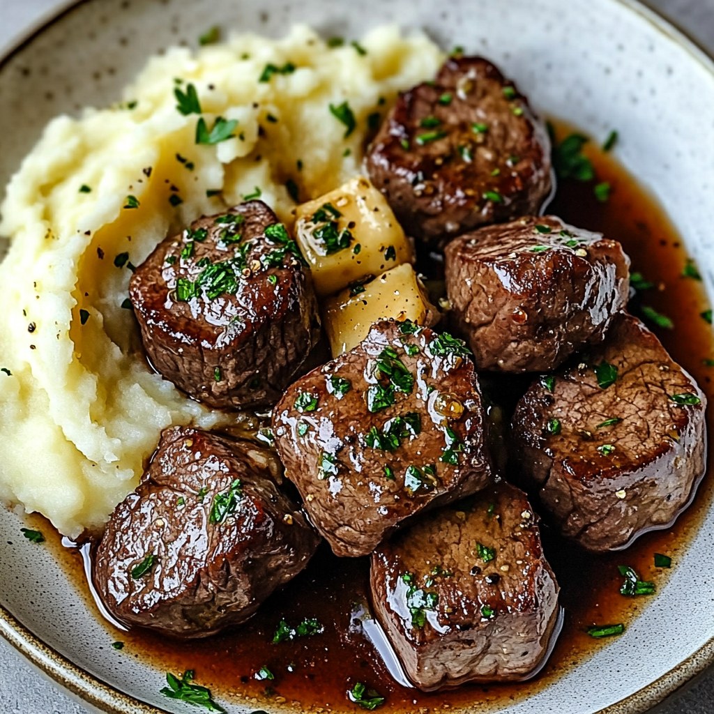 Garlic Butter Steak Bites and Mash